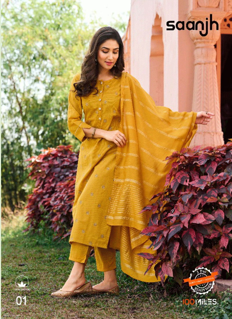 Saanjh By 100 Miles Cotton Embroidery Kurti With Bottom Dupatta Orders In India